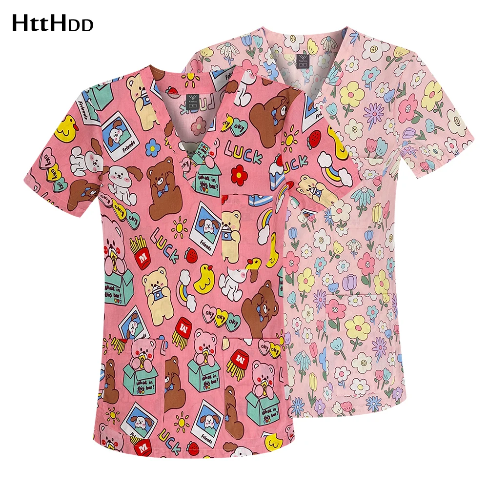 

New Medical Uniforms Women Animal Prints Short Sleeved Scrub Tops Pants Nurse Accessories Doctor Clinic Work Clothes Spa Uniform