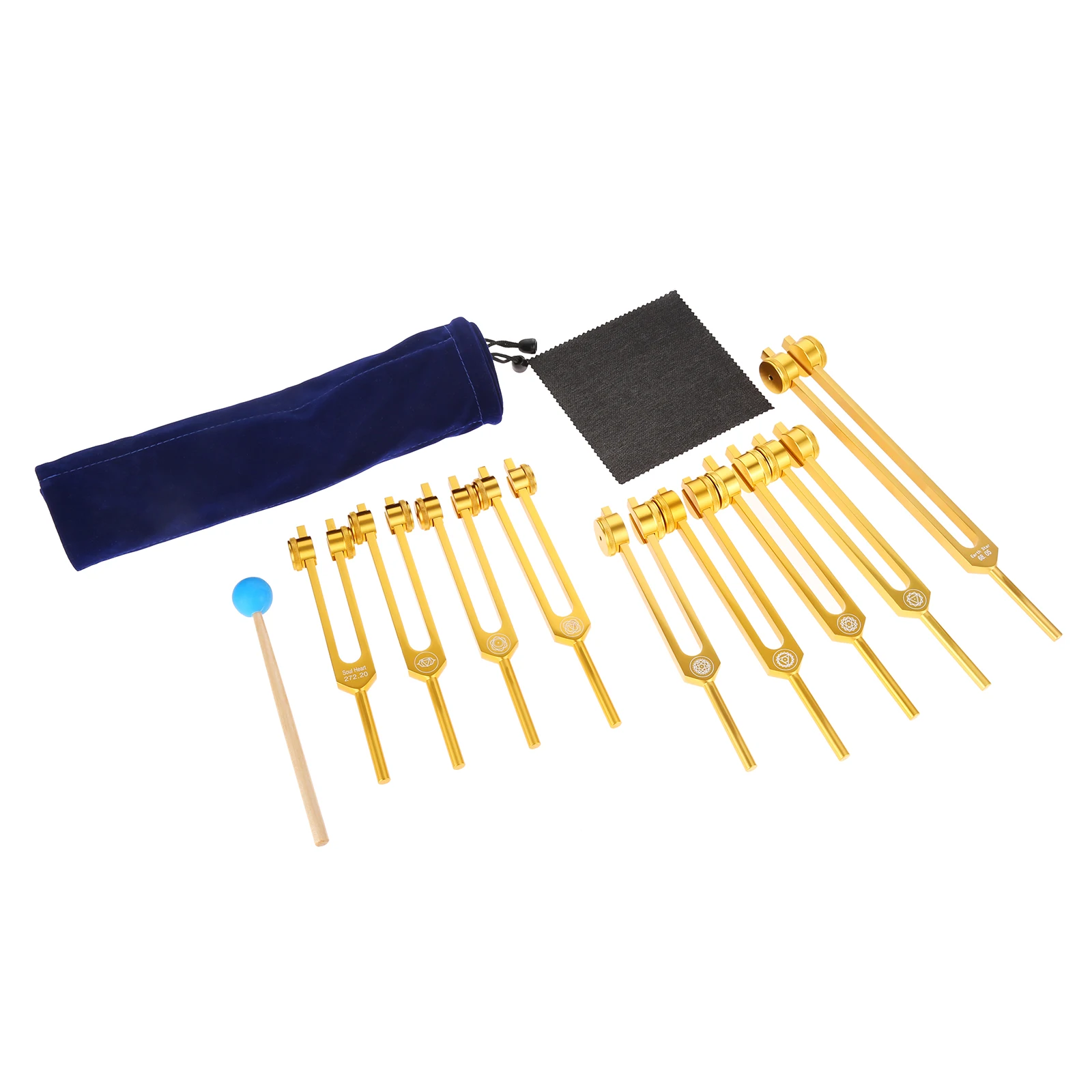 

8pcs/kit Gold Chakra Tuning Fork + Silicone Hammer Sound DNA Healing Soul Therapy Vibration Musical Instrument Balancing Relief