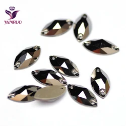 YANRUO 3223 Navette Jet Hematite Flatback Rhinestones Crystal Stone Sewing Rhinestone Sew on Stones Crystal Glass Beads