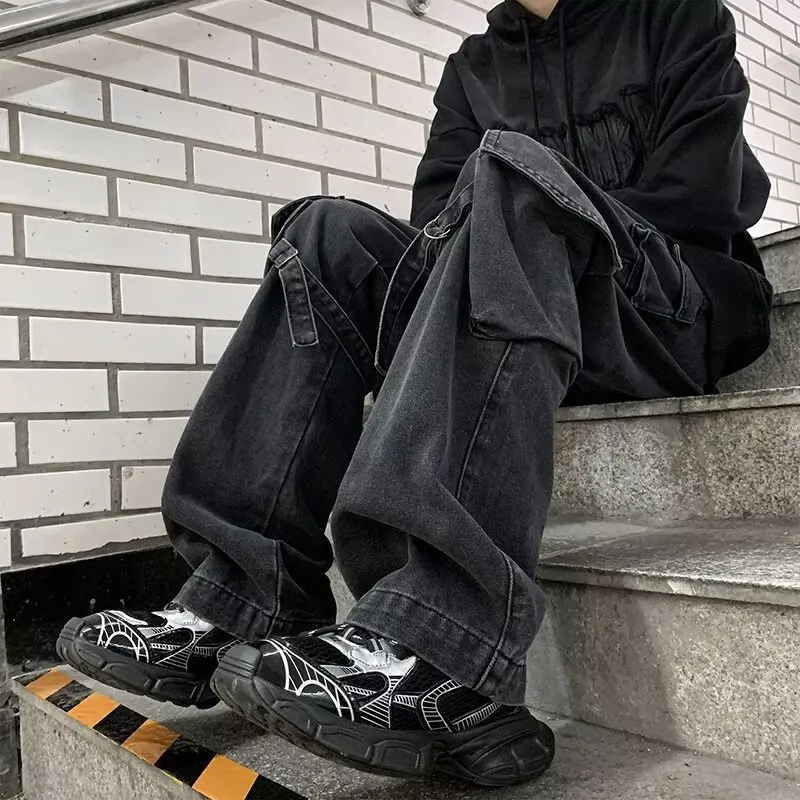 Japanese Vintage New Fashion Men's Solid Color Washed Wide Leg Straight Multi Pockets Denim Trousers Male Jean Pants Clothes