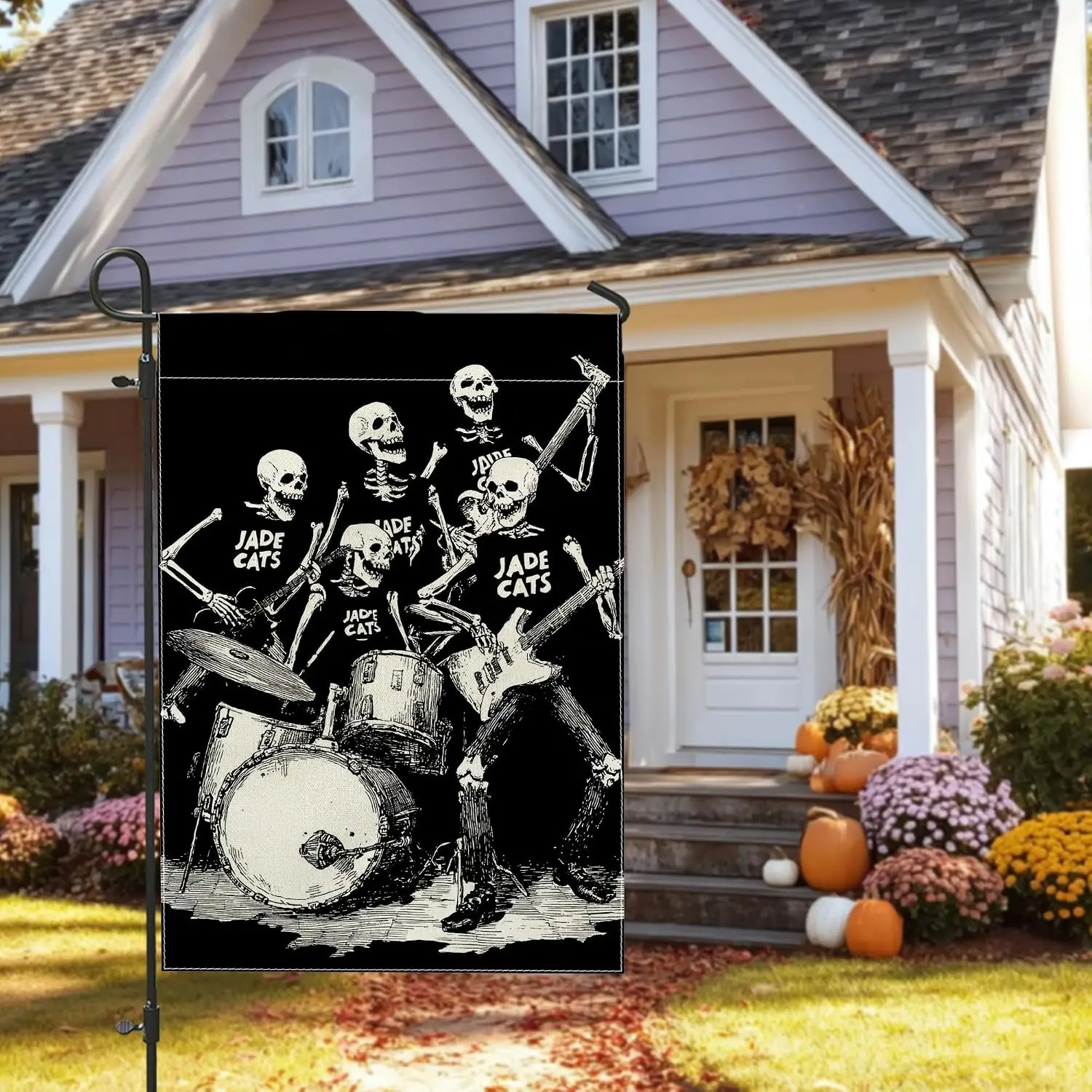 Halloween Skeleton Band Garden Flag, Rock Music Decor Banner, Double Sided Burlap Yard Flag for Outdoor Lawn Decoration 12x1 jaa