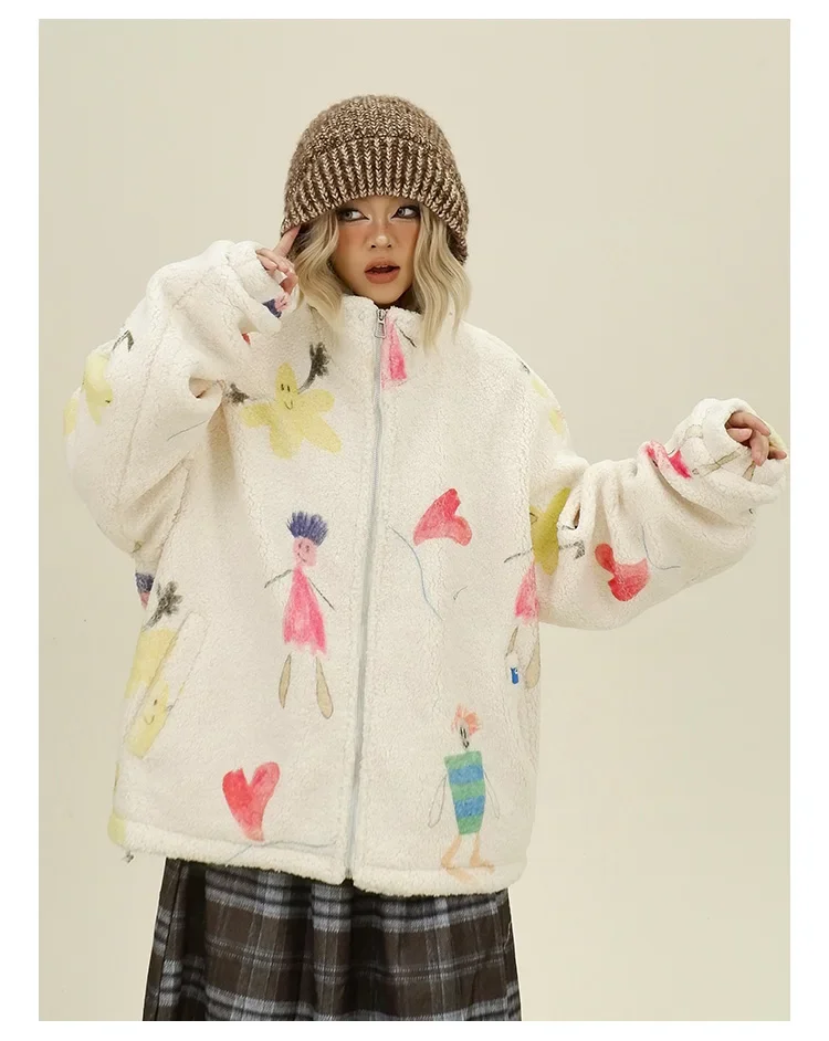 Creativo Graffiti lana di agnello parka donna 2024 inverno nuovo sciolto Bf infantile retrò cappotti addensati