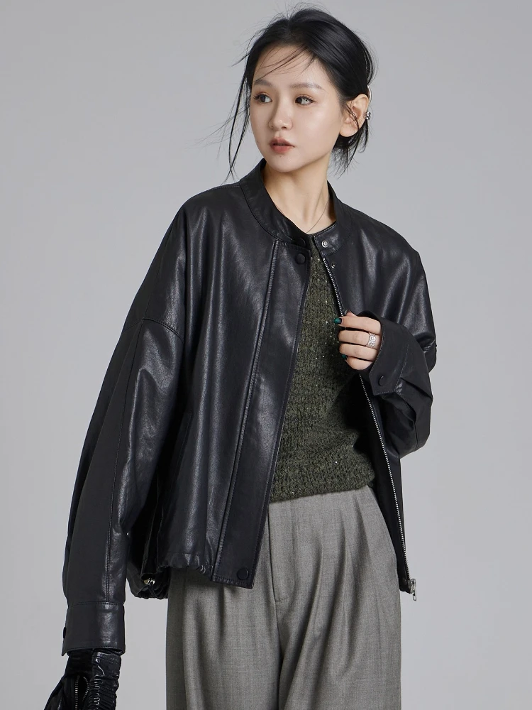 Chaquetas cortas informales de piel auténtica para mujer, abrigo de piel de oveja auténtica negro suave y holgado con cuello levantado Simple de gama alta para primavera y otoño