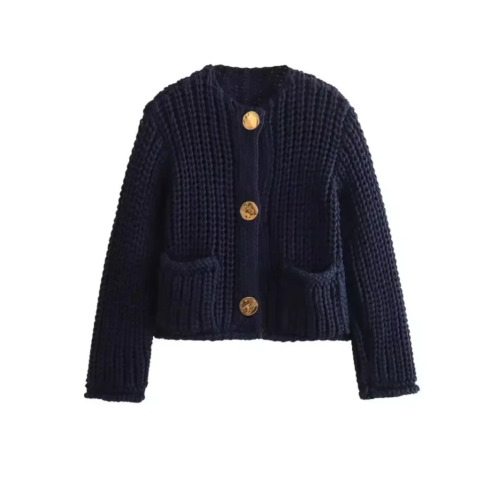 Autumn and Winter New Cardigan for Women Knitted Button O-Neck Long Sleeves Coat Pockets Solid Casual Female Sweater Outerwear