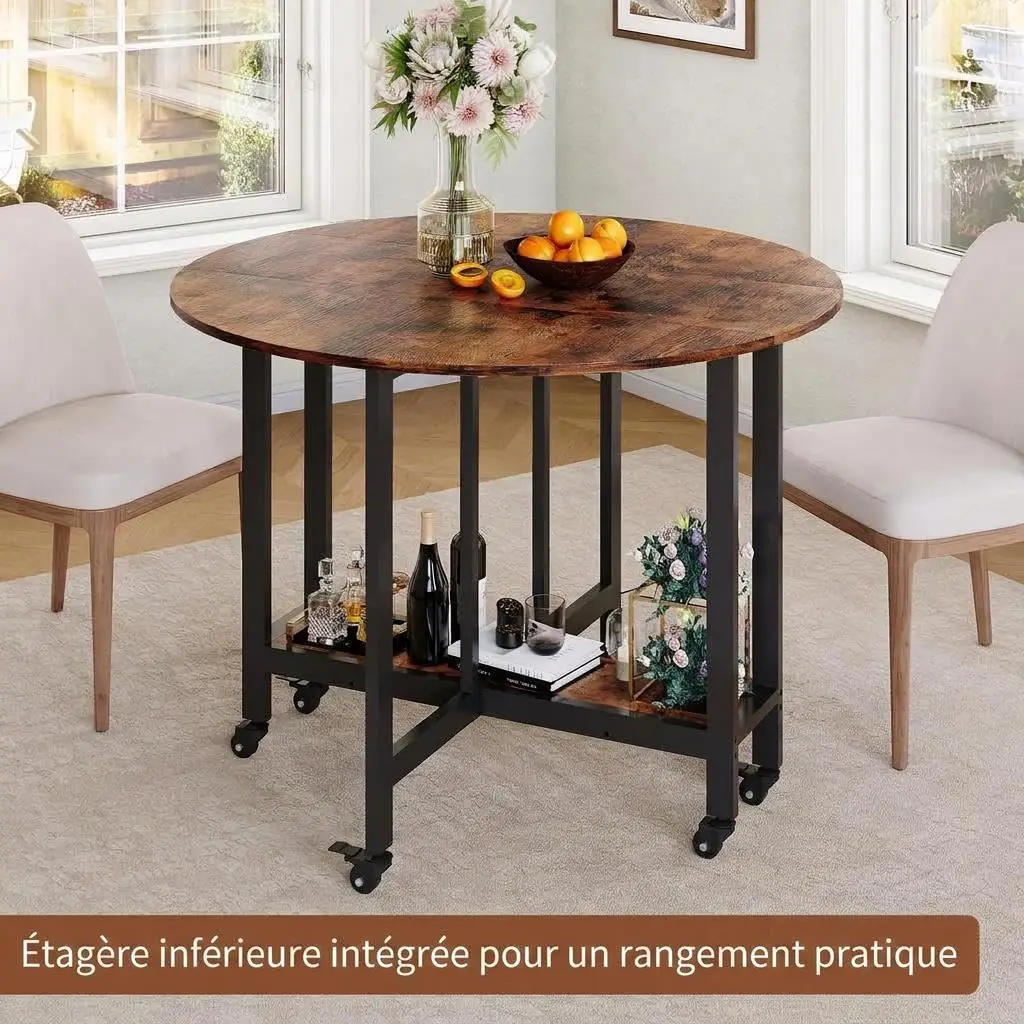 Tavolo rotondo pieghevole da 100 cm, tavolo da pranzo pieghevole con ruote bloccabili, tavolo da cucina in truciolato e acciaio, salvaspazio per ambienti piccoli, design moderno e mobile.