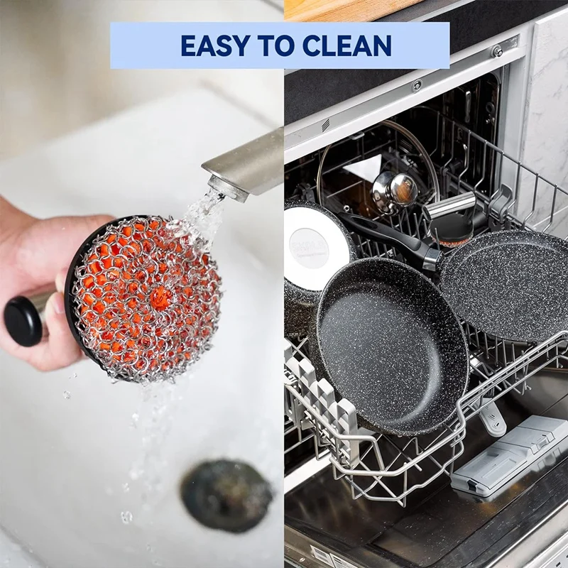 Cast Iron Scrubber With Handle, Stainless Steel Chainmail Cleaner For Pans And Skillets - Cast Iron Cookware, Ovens Durable