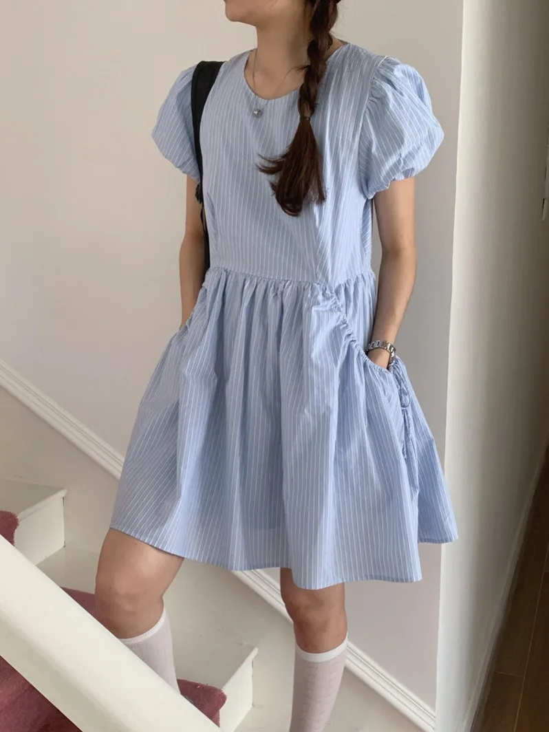 

Color Blo Striped Bal Belted Design irt Dr Women's Bubble Sve Loose High Waist ort Skirt Casual Summer Dr