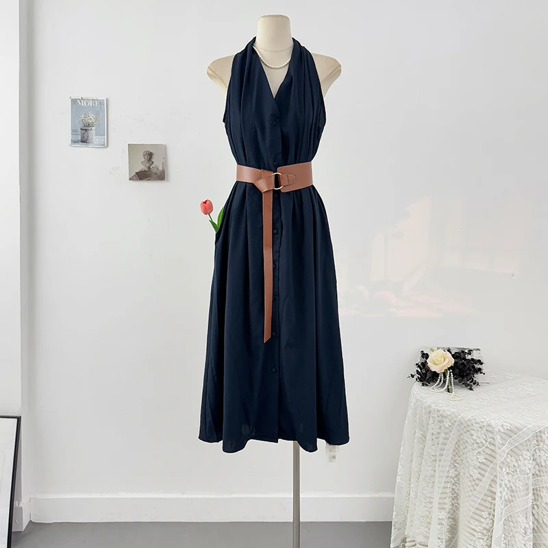 Elegant V-Neck Halter Dresses Women's Fashion Temperament Single Breasted Sleeveless Dress with Belt New Summer Retro Long Dress