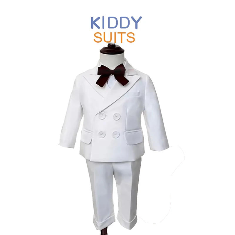 

White Suit For Baby Boy 9 Month-4 Year Kids Boys Blazer Pants With Straps 3 PCS Clothes Set Baptism Wedding Elegant Party Dress