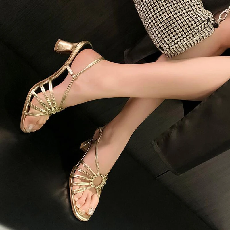 Gold Narrow Band Weave Hollow Out Women\'s Sandals 2024 Summer New Open Round Toe Chunky High Heel Gladiator Sandal Shoes Females