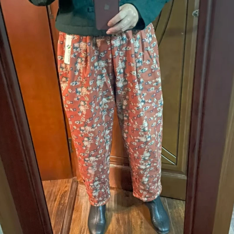 

Осенние новые хлопковые брюки с цветочным принтом в стиле ретро, женские брюки в китайском стиле с литературным принтом, теплые свободные длинные брюки, универсальные