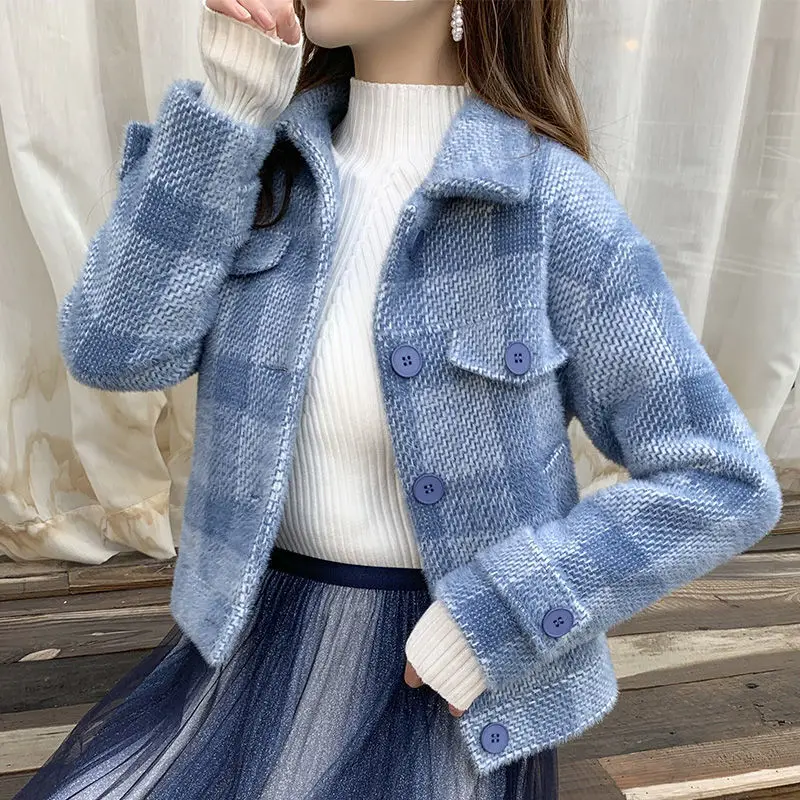 

Ladies Jackets Plaid Loose Blue Outerwears Autumn Hot High Quality Women's Wool & Blends Coat Winter Clothes 2024 New In Novelty
