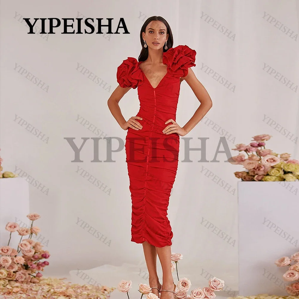 

Simple V-Neck Mermaid Prom Gown Flowers Tea-Length Pleat Cocktail Dress Red Short Sleeve Long Party robe de soirée femme