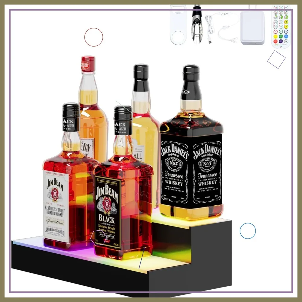 

2-Tier 15-Inch LED Liquor Display Shelf with Remote, Multi-Color Acrylic Rack for Bars & Home