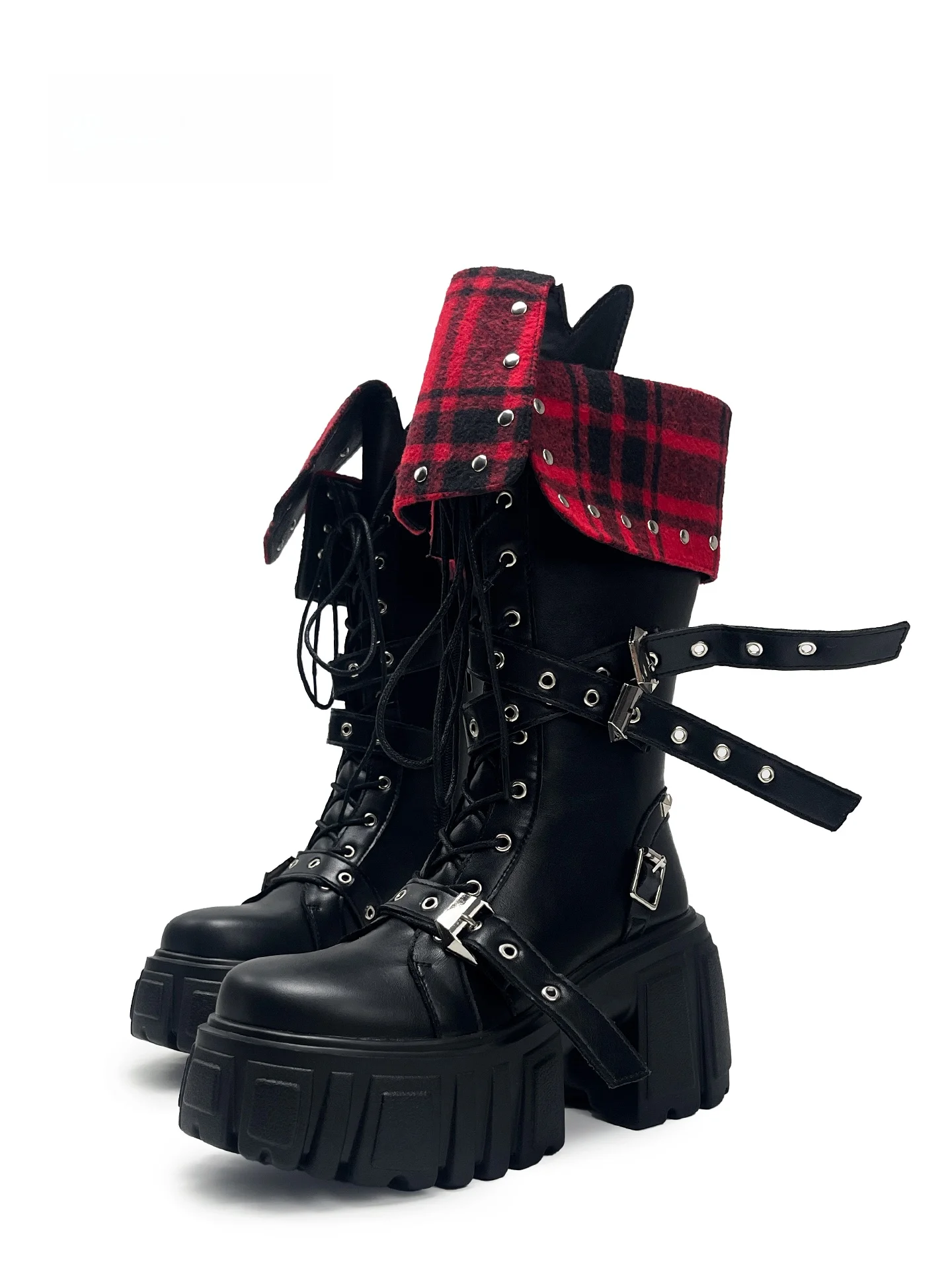 

MibVias Fashion Boots Women's Knight Style Mid-Calf Boots Punk Style Ultra-Thick Sole Side Zipper Closure Winter Boots
