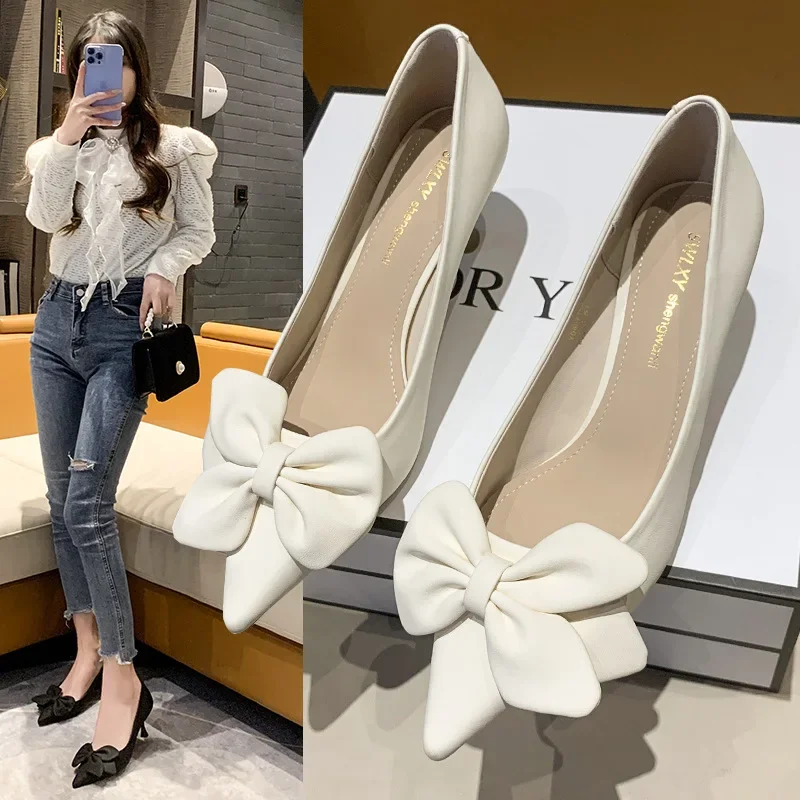 

Pointy Bow Heel Shoes Women 2025 Spring/summer New Simple Temperament Fashion Thin Heel Shoes Women