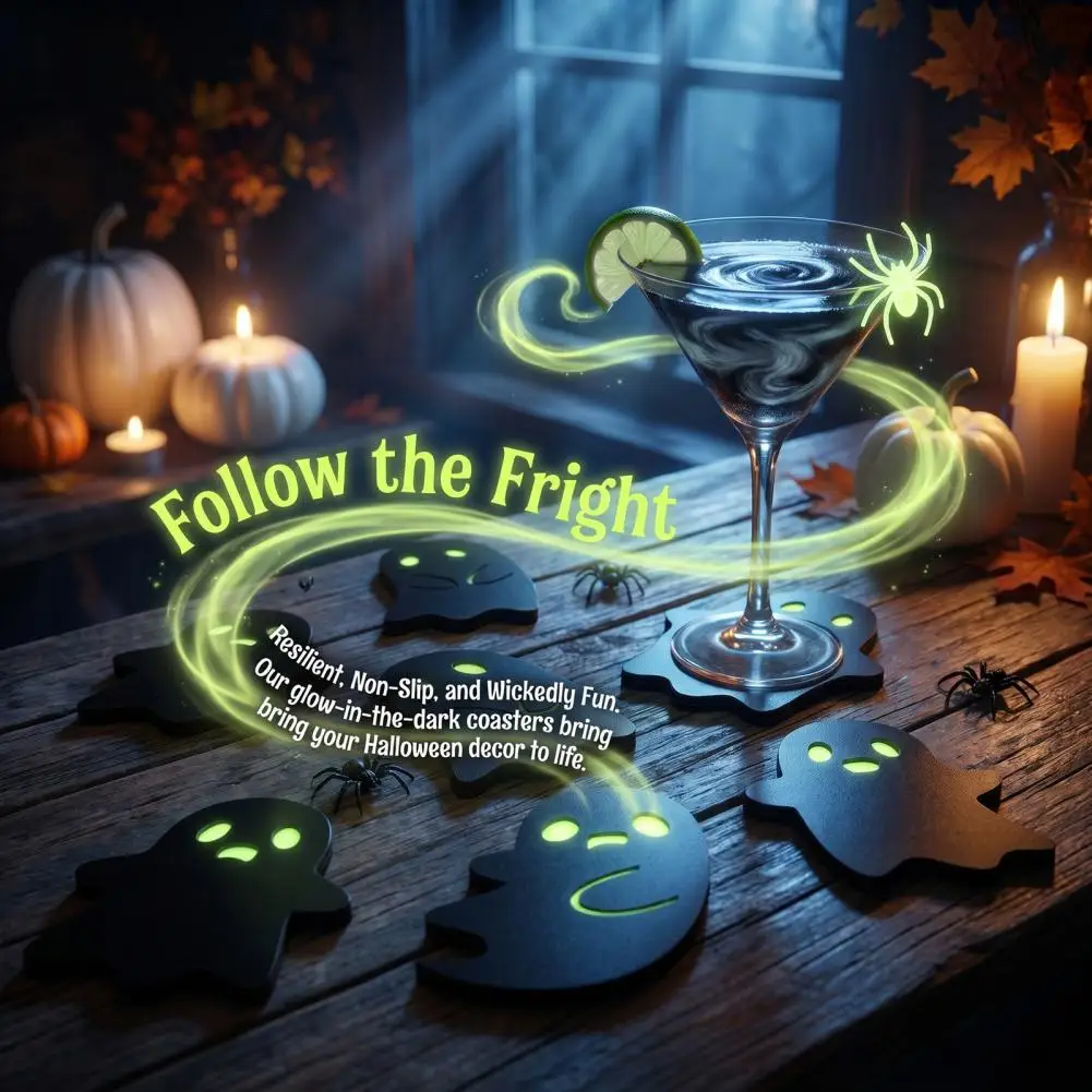Halloween Coasters Durable Material Drink Mats Halloween Glow-in-the-dark Wooden Coasters Insulated Anti-slip Table Protection