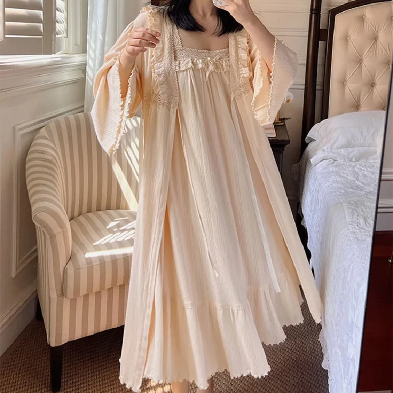 Sexy Cotton 2 Pieces Robe Sets For Women Autumn Spring Robes Royal Roupas De Dormir Femininas Loose Sleepwear