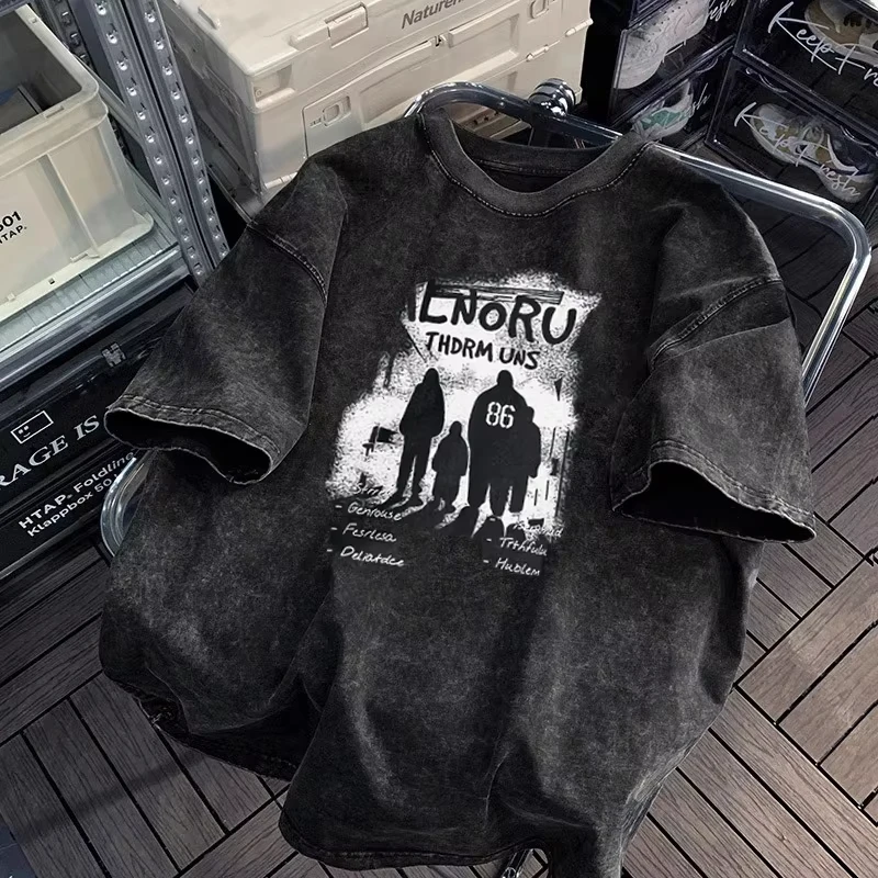 هاي ستريت العصرية العلامة التجارية الأمريكية الرجعية غسلها القديمة الثقيلة قصيرة الأكمام تي شيرت الرجال الصيف كبيرة الحجم فضفاضة نصف كم #1