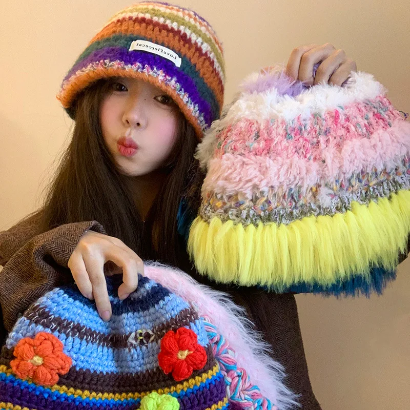 Gorro de pescador de punto colorido para mujer, gorro de lana, bonito y versátil, con circunferencia de cabeza grande, cálido, de felpa, para Otoño e Invierno