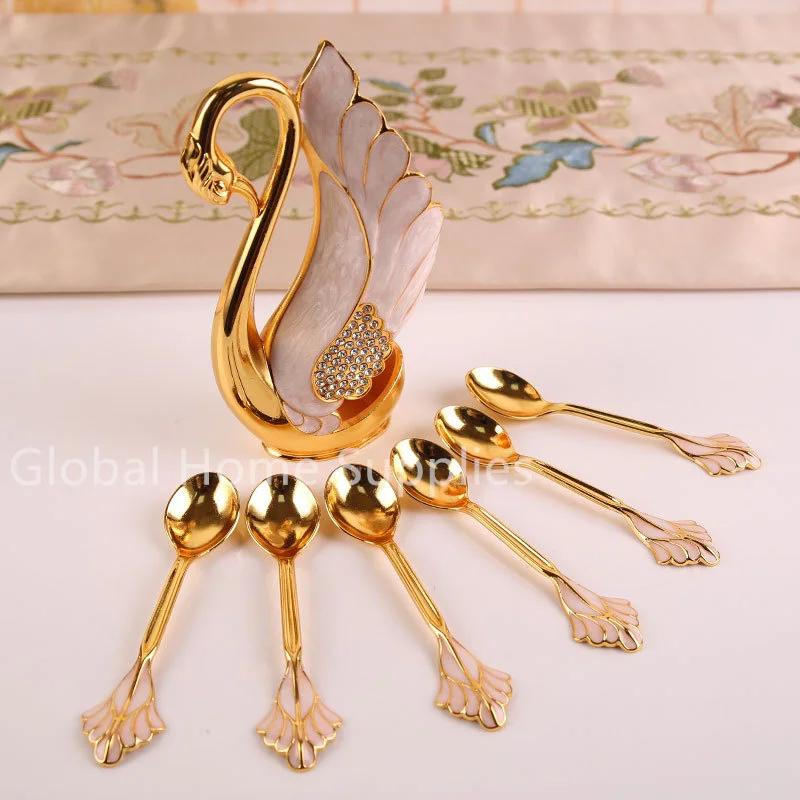 

Creative Dinnerware Set Decorative Swan Base Holder with 6 Spoons or Forks for Coffee Fruit Dessert Stirring Mixing Gift Idea