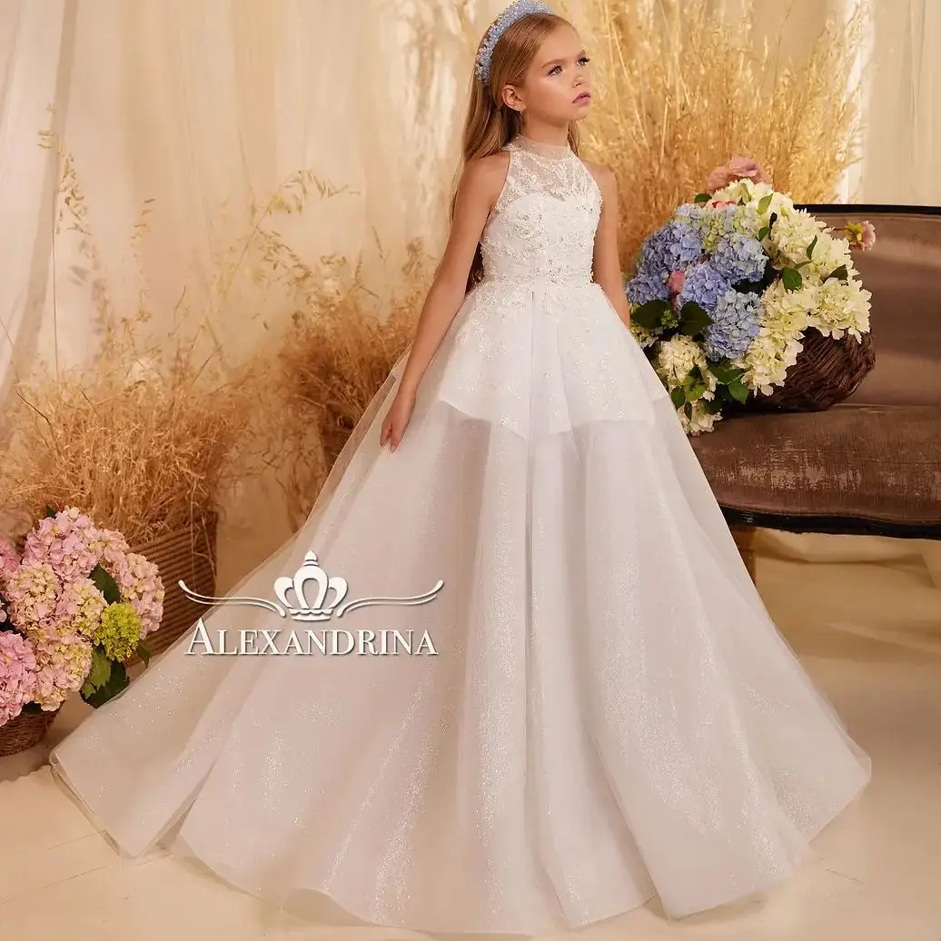 Shiny White Flower Girl Dresse High Neck Sleeveless Children Birthday Gowns Tiered Appliqued Kids First Communion Dresses