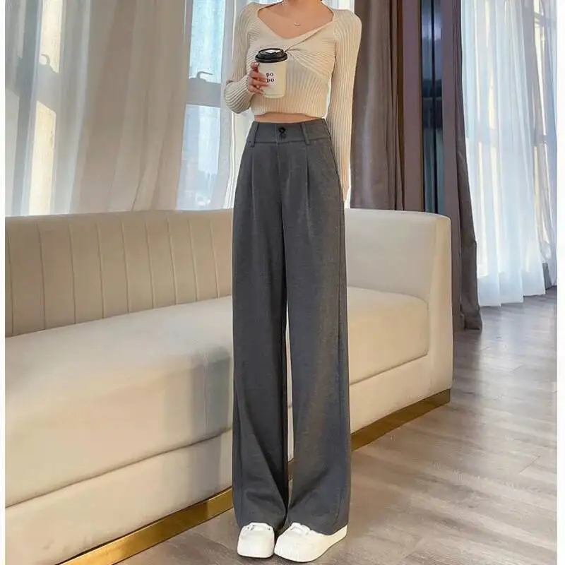 

Осень-зима шерстяной повседневный костюм женские серые свободные прямые брюки с высокой талией