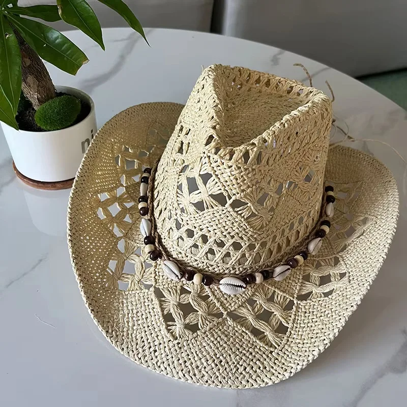 Vintage Sommer Strand Bohemian Strohhut mit Muscheln für Damen und Herren, Western Cowboyhüte mit Holzperlen, Ausgehöhlter Sonnenhut, Urlaubsmütze – Detail 8