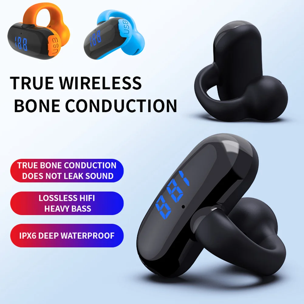 Bluetooth 5.3 Bone Conduction Open Earclips Wireless Non in Ear Digital Display IPX6 Waterproof Sports Single Earbuds with Mic