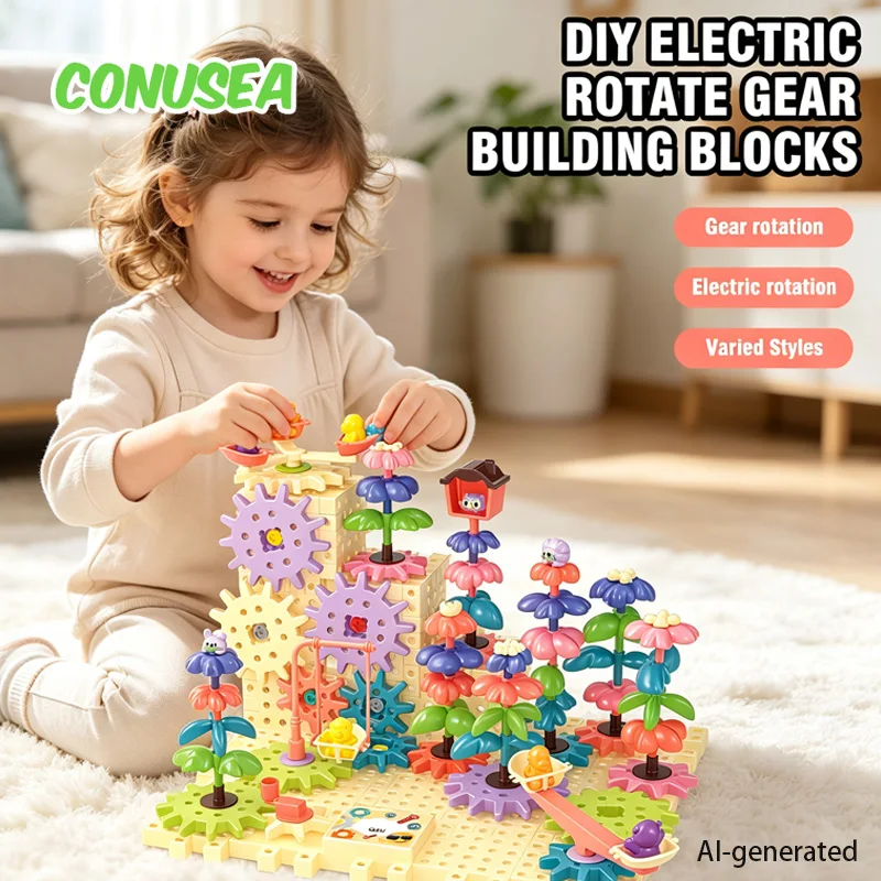 diy電動ギア組み立てブロックおもちゃ、フラワーガーデン建設ブロック、子供向け知育玩具（男の子、女の子向け）