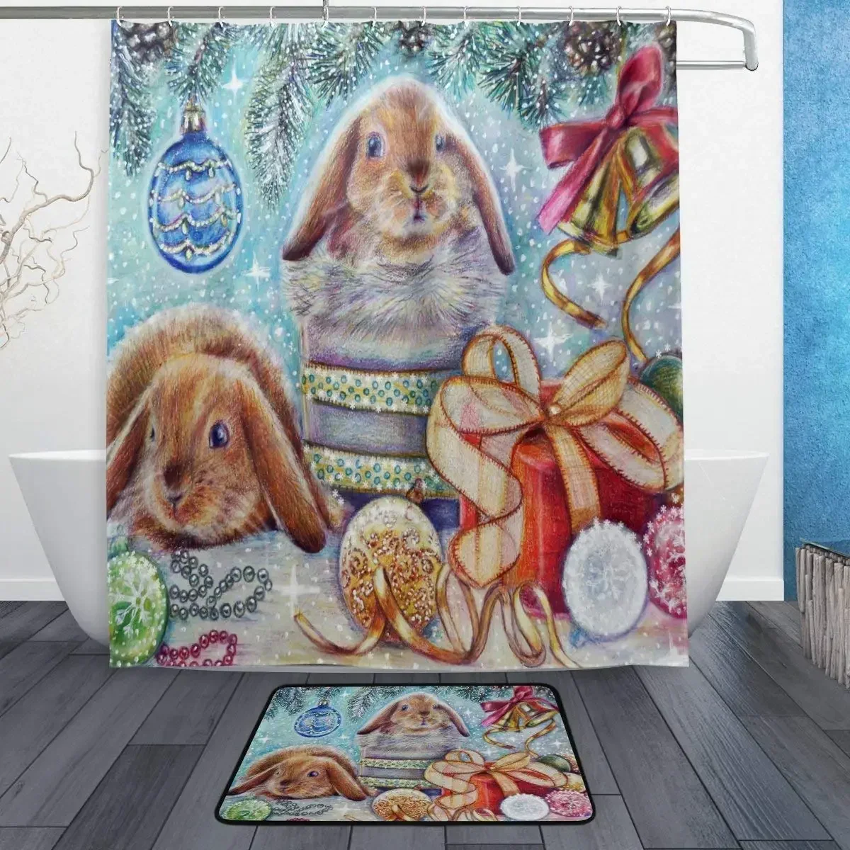 Winter Christmas Bunny Background Pattern Shower Curtain Set 3D Printing