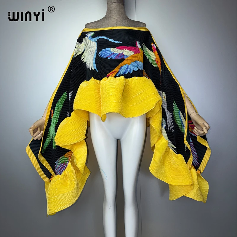 WINYI Women's Pleated Maxi Party Dress Loose Fit Boho Evening Gown Crumple Design Poncho Top Beach Wear Cover up Shawl