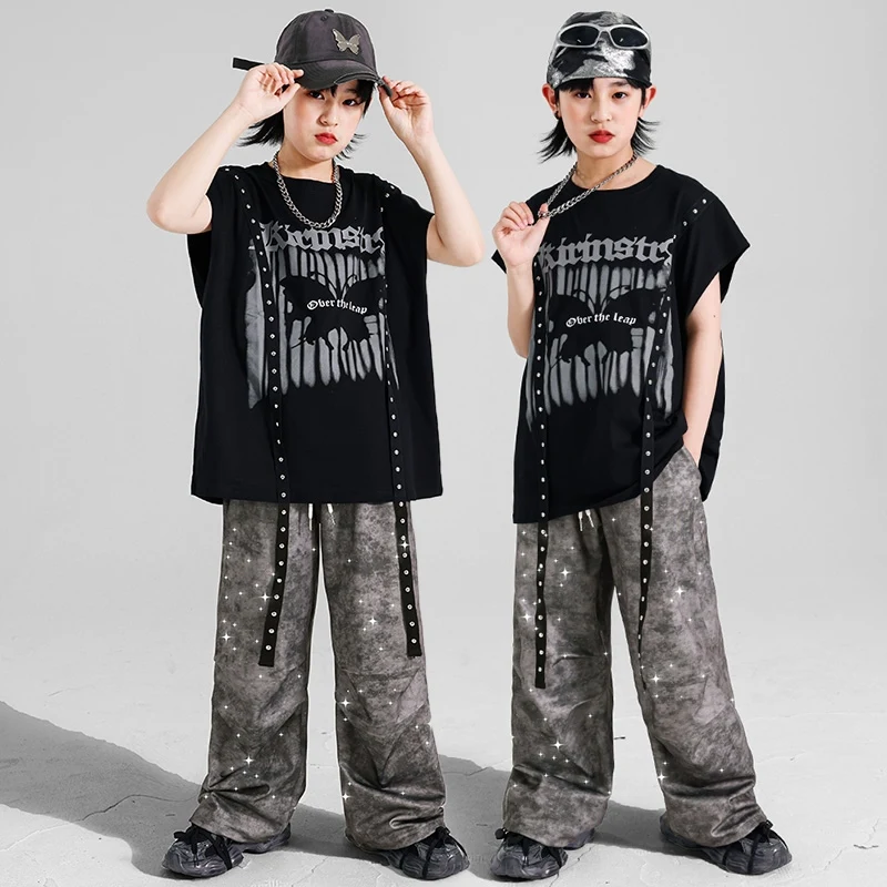 Jazz danse scène porter garçons noir haut de danse Shuffle pantalon Hip Hop pantalon enfants rue danse tenue mode Streetwear 1896