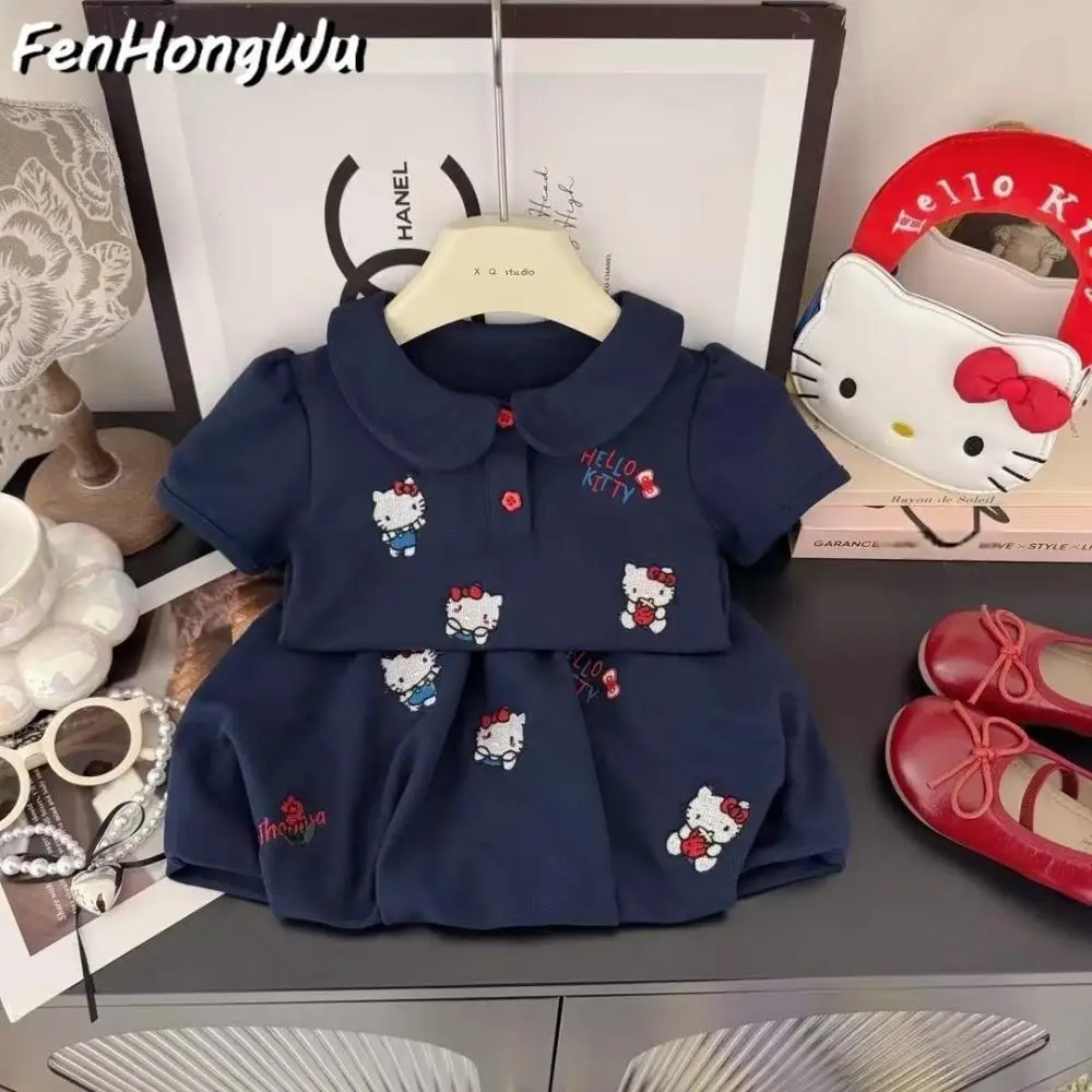 

Sanrio Hello Kitty Комплект с короткими рукавами для девочек Летняя футболка с героями мультфильмов + короткая юбка Костюм Рубашка поло в студенческом стиле Юбка с цветочным бутоном
