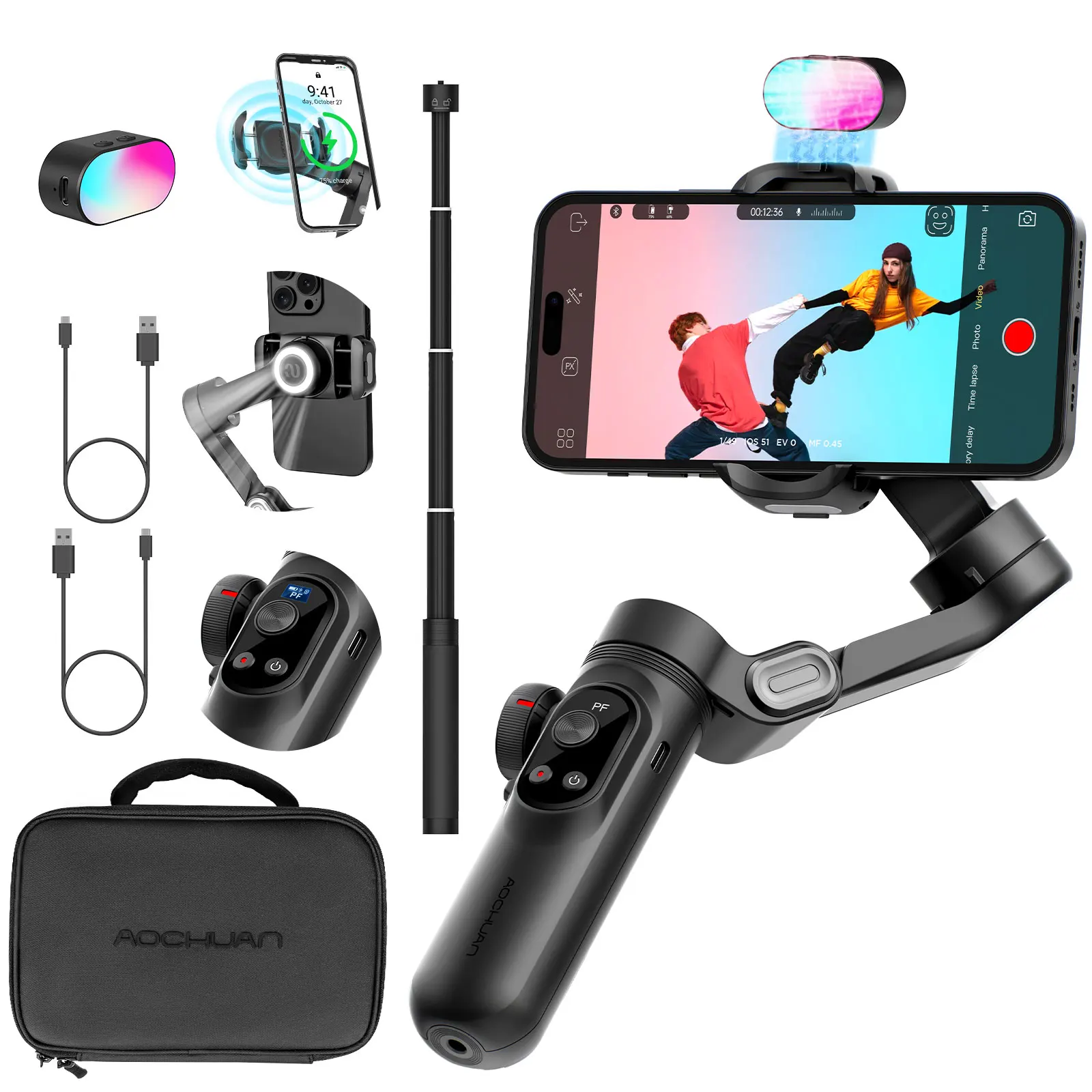 

AOCHUAN Smart Xpro Combo Black 3-Axis Phone Gimbal Stabilizer With 73cm Extension and RGB Magnetic Light OLED Display Gimbal