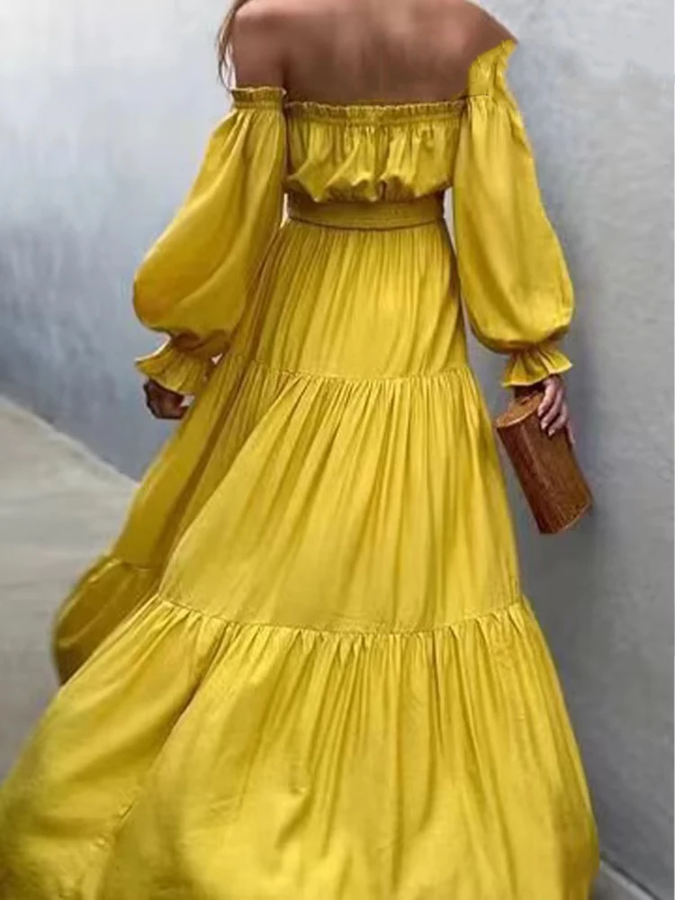 

HH Female Summer New Fashion Backless Yellow Slash Neck Long Sleeves Dress Women's Elegant Beach Style Hem Slit Long Dress