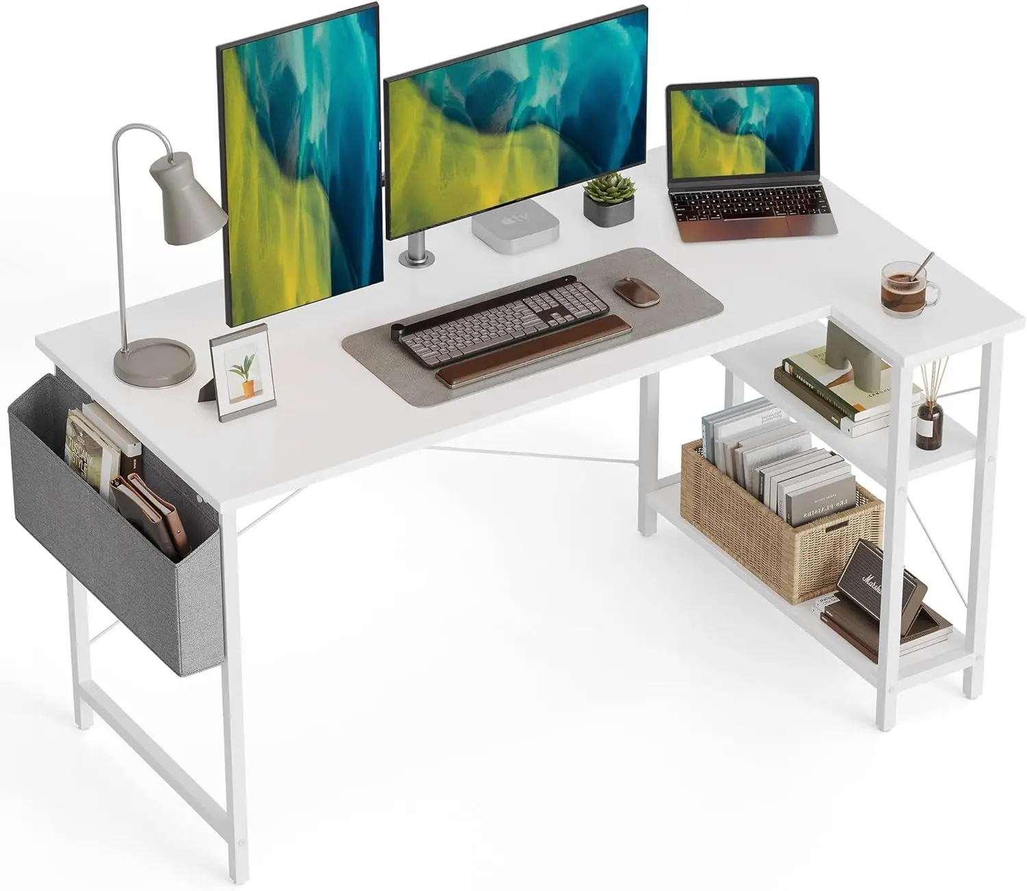 L Shaped Desk, 55 Inch Computer Desk with Reversible Storage Shelves Home Office Corner Desk Study Writing Table