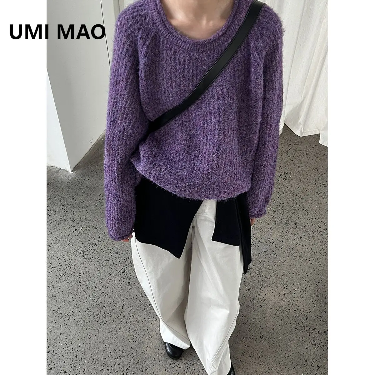 

UMI MAO мягкий шерстяной вязаный свитер в ленивом стиле для женщин, осенний пуловер 2025 года с закатанным краем, универсальный свитер