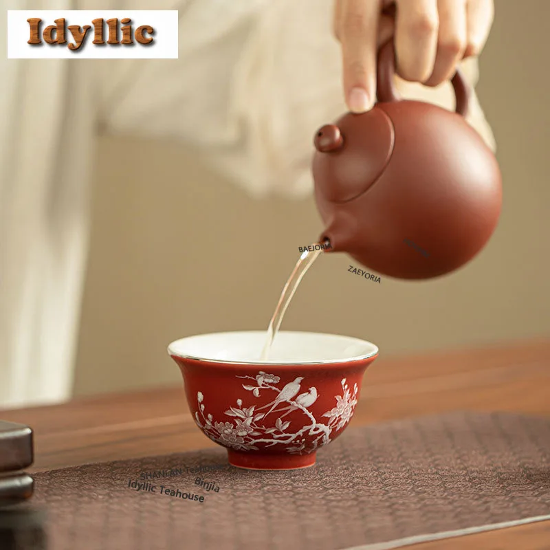 125ml Coral Red Pile Of White Magpie Teacup Creative Tea Bowl Mug Tea-tasting Smelling Cup Chazhan Master Cups Household For Tea