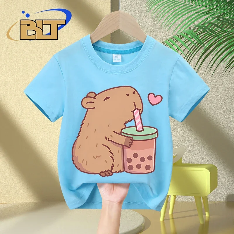 Cute Capybara Loves Bubble Tea print kids T-Shirt summer children's pure cotton short-sleeved casual tops boys and girls gifts