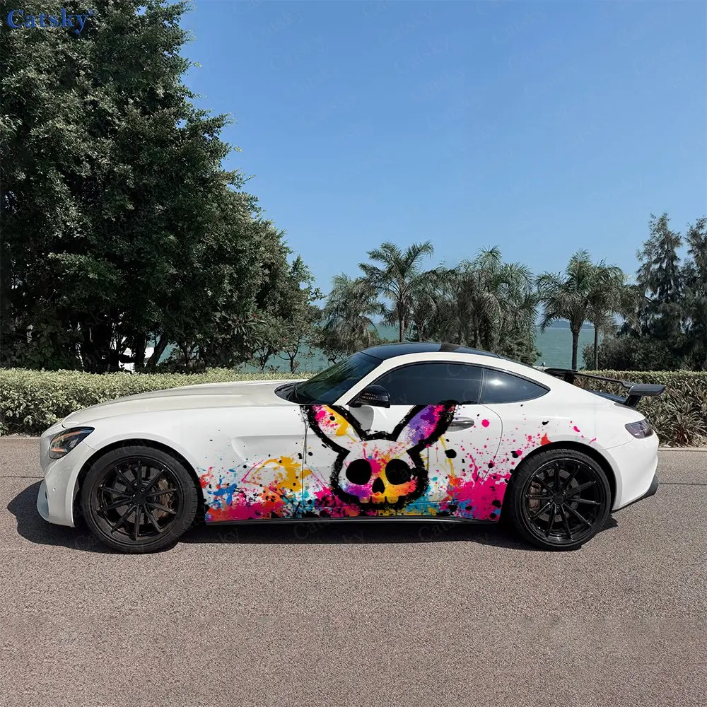 2pcs Splatter Ink Evil Bunny, Durable, Fade-resistant, Enhance Vehicle Aesthetics With Bold Artistic Design Car Vinyl Wraps