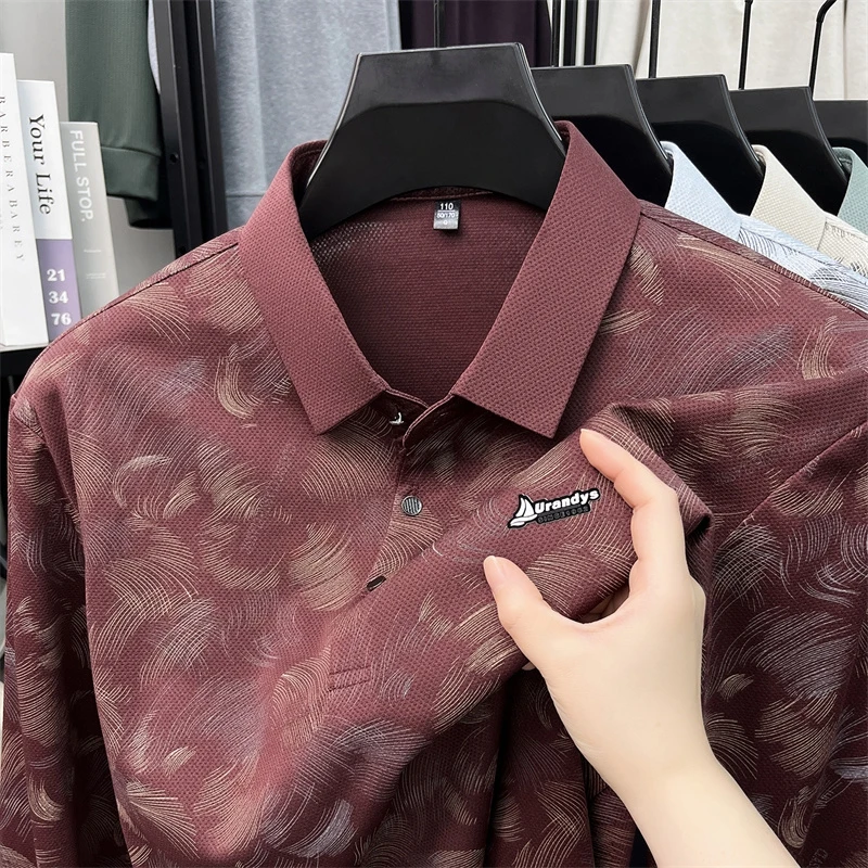Herren-Polohemd mit abstraktem Blattmuster, langen Ärmeln, umgeschlagenem Kragen, atmungsaktivem, glattem Stoff, für den täglichen, lässigen Gebrauch. – Detail 9