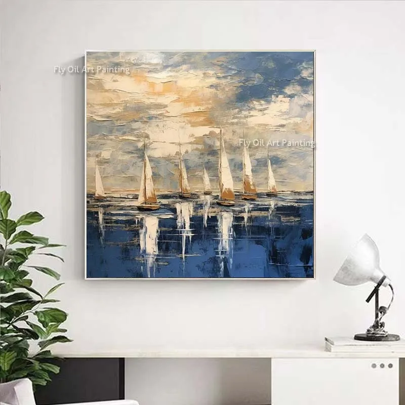 Large Abstract Sailboat Seascape Handmade Oil Painting Textured Thick Canvas Wall Art Original Blue Ocean Landscape Room Decor