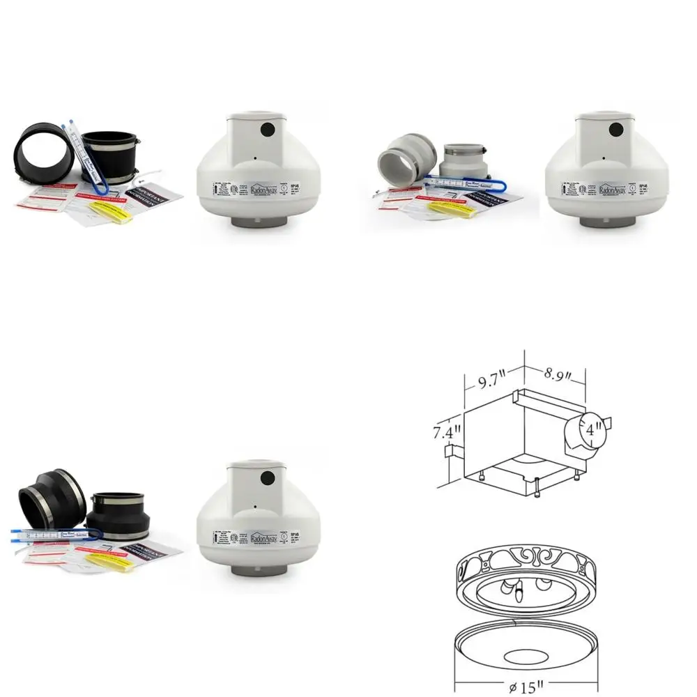 Ventola radon nera 4x4 con kit di installazione, comprese accoppiamenti in gomma, dinametro e etichette per una riduzione efficace del radon