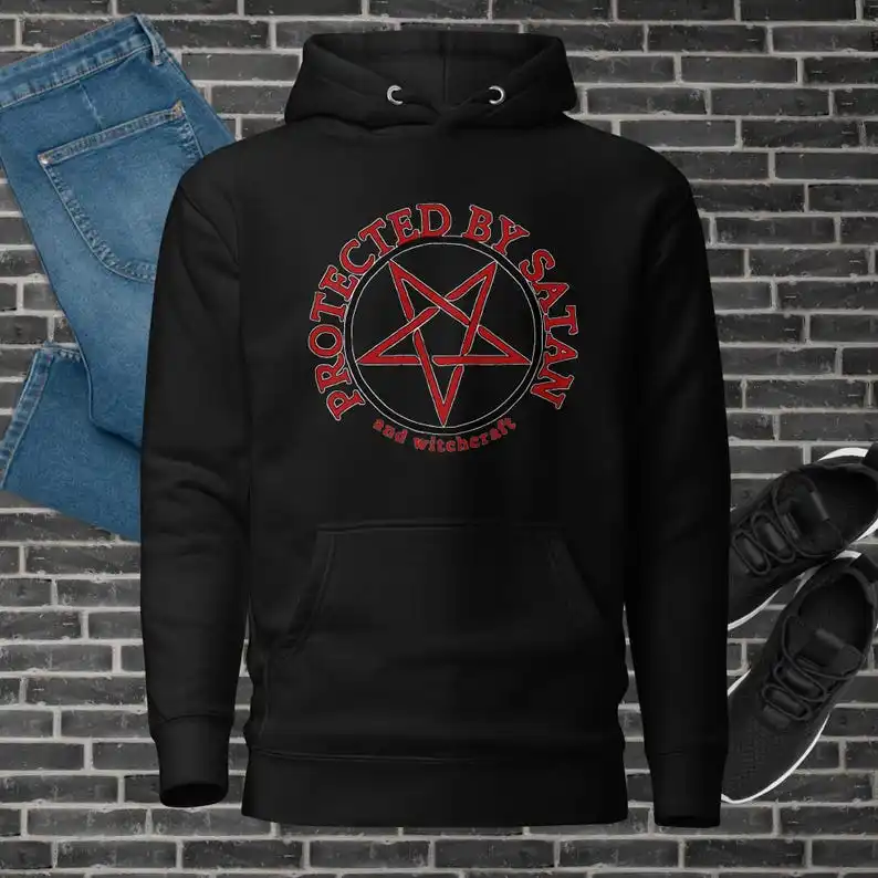 

Protected By Satanic Unisex Black Hoodie, Gothic Fashion, Cotton, Classic Wear, Casual Style Hoodie