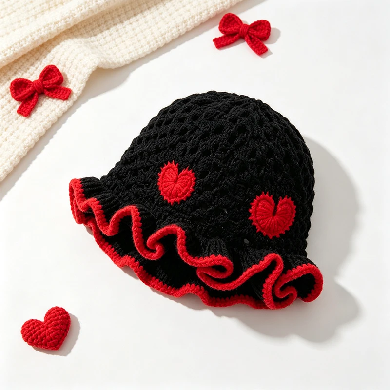 Women Crochet Bucket Hat Handmade Knitted Hat with Red Heart Pattern Ruffle Brim Autumn Winter Warm Hollow Out Fisherman Hat