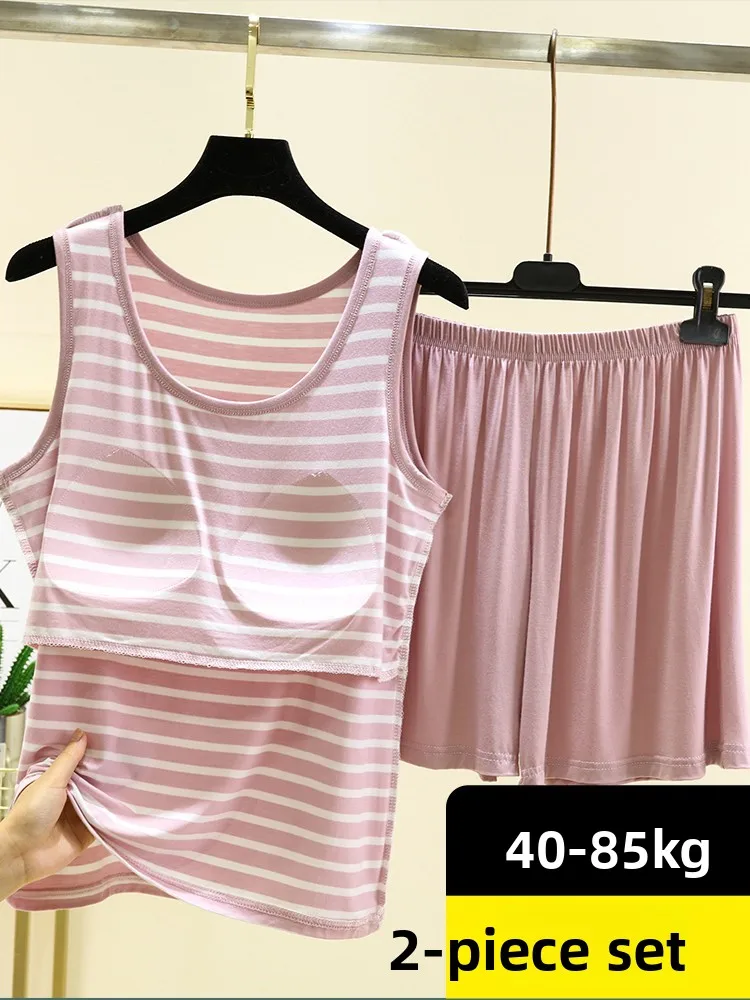 Women's Modal Sleeveless Sleepwear Two-Piece Set Summer Home Clothes with Chest Pad Can Be Worn outside Anti-Bulge Vest Shorts
