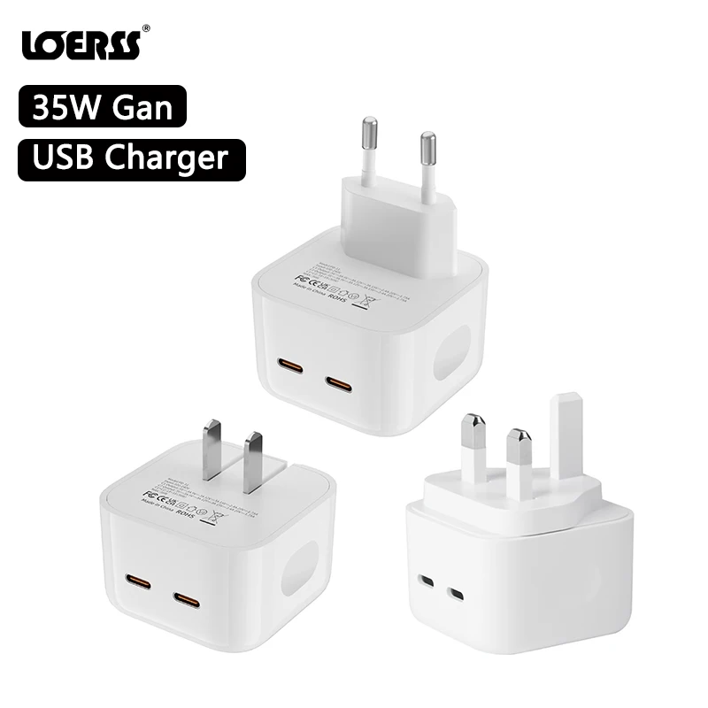 

LOERSS 35W GaN Dual Port Quick Charger 3.0 US EU UK Fast PD USB Type C Plugs for iPhone Samsung Huawei Xiaomi Phones USB charge