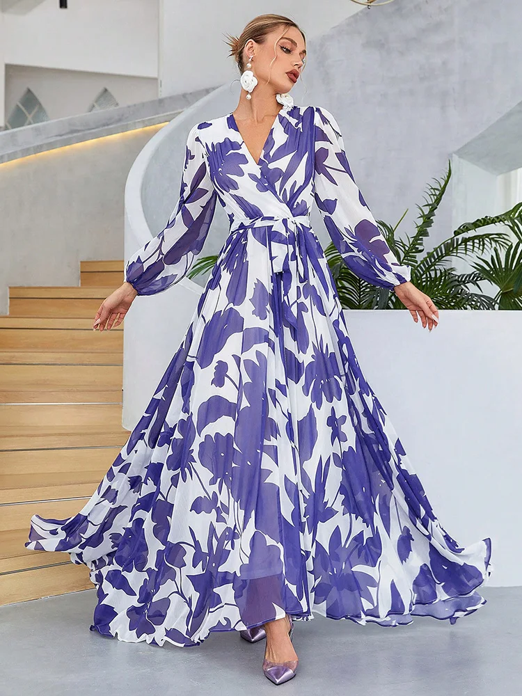 

TOLEEN-Women's Floral Print Belted Maxi Dress, Lantern Sleeve, Bohemian, Casual Elegant Long Dresses, Summer, New Fashion 2024