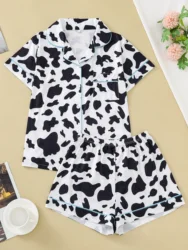 Two-piece set of women's pajamas lapel top and trousers cow pattern summer casual women's pajamas home wear